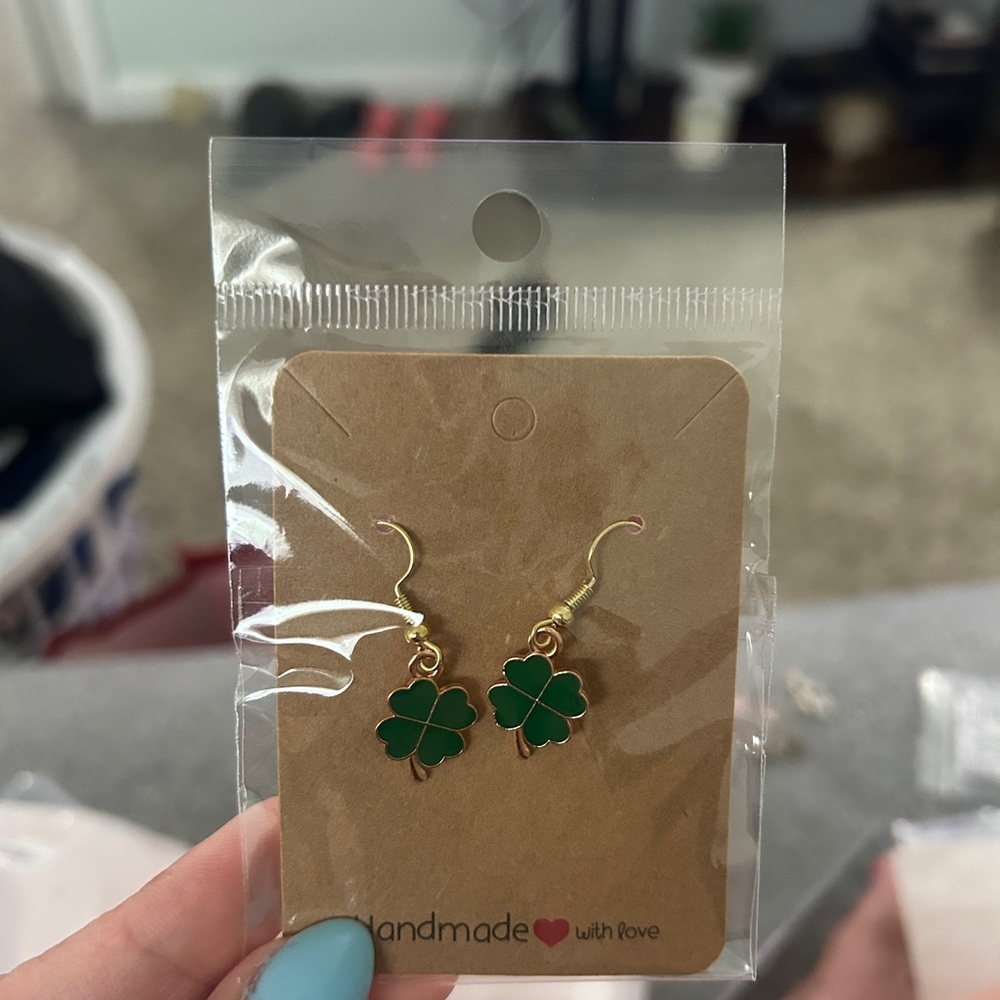 Handmade Gold-Tone Green Clover Drop Earrings